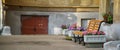 Bench and flower beds near the wall and entrance to the basement of an old high-rise brick building in Europe. A place to rest