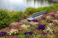 Bench and flowers at alpen lake in Montreux (Switzerland) Royalty Free Stock Photo