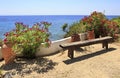 Bench and flowers on background of Aegean Sea. Royalty Free Stock Photo