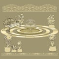 Bench, fountain, railings. Garden accessory on beige background Royalty Free Stock Photo