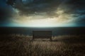 Bench in front of a dramatic cloudscape