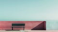 Bench in front of pink wall. Minimalist retro seascape