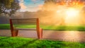 Bench on the green grass in the park. Sunset Royalty Free Stock Photo