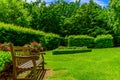 Bench, hedge and manicured lawn