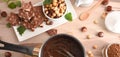 Bench with ingredients and tools for making chocolate with hazelnuts Royalty Free Stock Photo