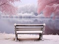 A bench by a lake with snow. Calm winter landscape