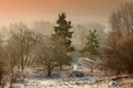 Bench, landscape and forest with house or winter on frozen morning for weather, climate and cold season. Denmark, nature Royalty Free Stock Photo