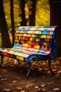 Bench made out of colorful glass tiles in park. Generative AI Royalty Free Stock Photo