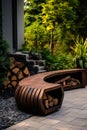 Bench made out of wood sitting on patio next to fire pit. Generative AI