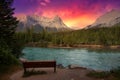 Bench Overlooking Canmore Mountains At Sunrise Royalty Free Stock Photo