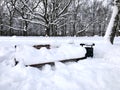 Bench in the park covered with snow. Snowy winter Royalty Free Stock Photo
