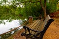 Bench in the park. An empty bench near the pond in the park at autumn Royalty Free Stock Photo