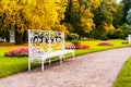 Bench in the park in fall time Royalty Free Stock Photo