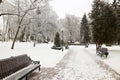 Bench in the park in icy cold frost. Royalty Free Stock Photo