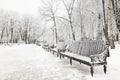 Bench in the park in icy cold frost. Royalty Free Stock Photo