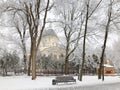 Bench in the park in icy cold frost. Royalty Free Stock Photo