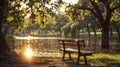 Bench in the park at sunset or sunrise time with natural background Royalty Free Stock Photo
