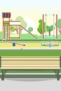 Bench and playground in the park. Swings, slides and carousels. Flat cartoon style illustration. A place for children to