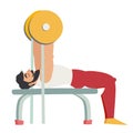 Bench press exercise. Bearded man with muscles coach in the gym.