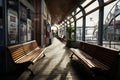 A bench provides seating near the ticket counter for waiting passengers