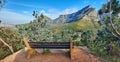 Bench with relaxing, soothing views at the top of table Mountain with a scene of Lions Head against a blue sky. Lush Royalty Free Stock Photo