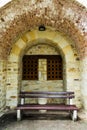 Bench for rest in the inner court of Suceava medieval fortress. Royalty Free Stock Photo