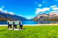 Bench at Rotoiti Lake, Nelson Lakes National Park, New Zealand Royalty Free Stock Photo