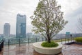 Bench round tree on 10th floor of multi-storey building in Osaka and panorama of city Royalty Free Stock Photo