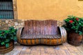 Bench seat made of wine barrels Falset old town Priorat region Spain