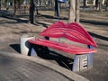 Bench in shape of human lips - famous landmark for people in love in Kiev public park