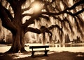 A bench sits in the middle of the park, old black and white photo, huge unbelievably huge trees, , still from a horror movie Royalty Free Stock Photo