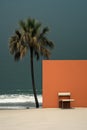 A bench sitting on a beach next to a palm tree. AI.