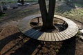 Bench sitting round with wood paneling gray metal plate three seats around a tree around a gravel threshing path in the park lawn