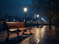 a bench is sitting on a wooden walkway at night