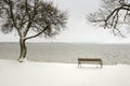 Bench in a snowy winter senery Royalty Free Stock Photo