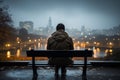 Bench solitude person embraces rainy weather against city backdrop
