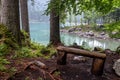 Old wooden bench on the shore of Lago di Fusine