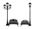 Bench and street light black vector silhouette set