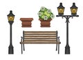 Bench and streetlight of a a flower bed and a lantern. illustration