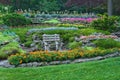 Bench in a summer garden with blooming flowers Royalty Free Stock Photo