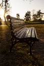 Bench at sunset in autumn at park shined by the sun. Golden hour sunset