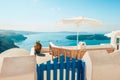 Bench on terrace overlooking Caldera of Santorini Greece Royalty Free Stock Photo