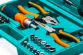 Bench tool equipment. Set of different construction work tools for repair, close up