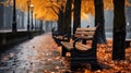 The bench is on a tree with fallen leaves. An empty park bench under an orange tree in the fall Royalty Free Stock Photo