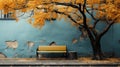 The bench is on a tree with fallen leaves. An empty park bench under an orange tree in the fall Royalty Free Stock Photo