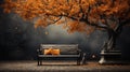 The bench is on a tree with fallen leaves. An empty park bench under an orange tree in the fall Royalty Free Stock Photo