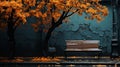 The bench is on a tree with fallen leaves. An empty park bench under an orange tree in the fall Royalty Free Stock Photo