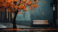 The bench is on a tree with fallen leaves. An empty park bench under an orange tree in the fall Royalty Free Stock Photo