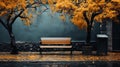 The bench is on a tree with fallen leaves. An empty park bench under an orange tree in the fall Royalty Free Stock Photo