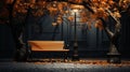 The bench is on a tree with fallen leaves. An empty park bench under an orange tree in the fall Royalty Free Stock Photo